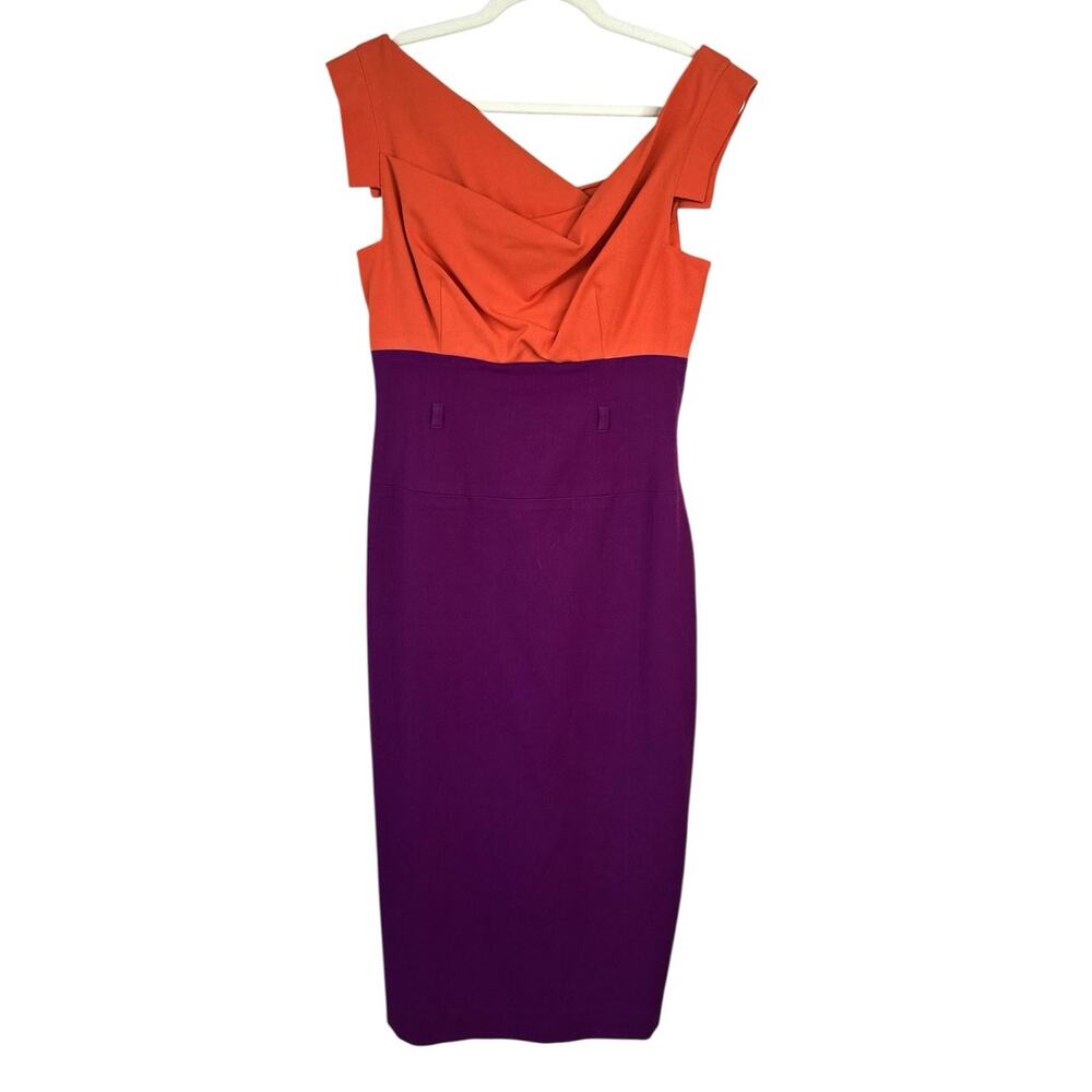 BLACK HALO Jackie O Two Tone Asymmetrical Pencil Sheath Dress in Papaya/Thistle